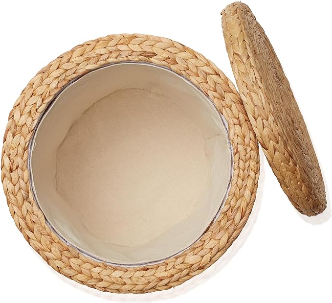Casafield 17" Round Storage Ottoman with Lid - Natural, Handwoven Water Hyacinth Footstool for Living Room, Bedroom, Bathroom, Home Office