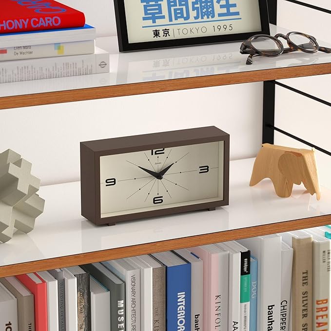 JONES CLOCKS® 'Odeon' Desk Clock | Modern Rectangular Design in Brown, Stylish Retro Look for Shelf, Table, Mantel or Bedside