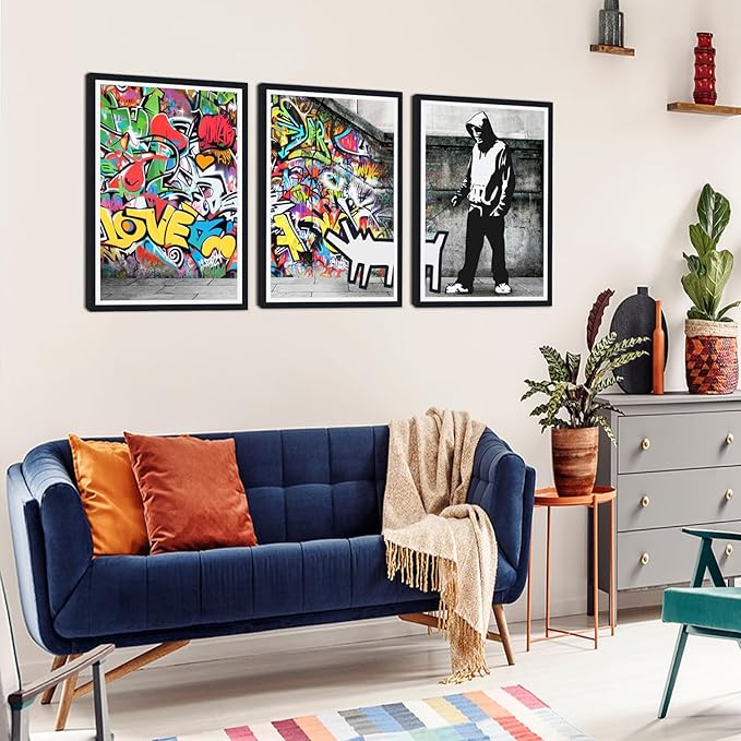 Novatique Banksy Wall Art Colorful Canvas Living Room Wall Decor Street Graffiti Art Picture Print Framed for Bedroom Ready to Hang,16" x 24" x 3pcs