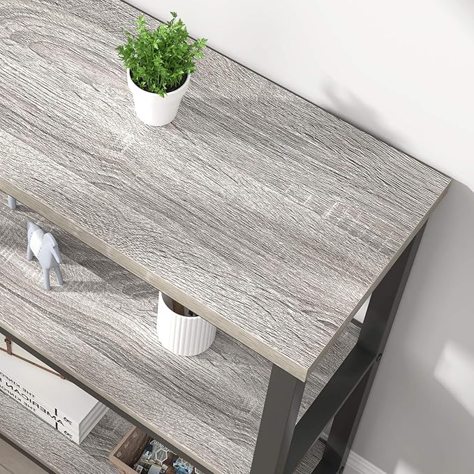 FOLUBAN 3 Tier Bookshelf, Short Bookcase for Small Space, Modern Wooden and Metal Book Shelf for Living Room Bedroom Office (Light Grey Oak)