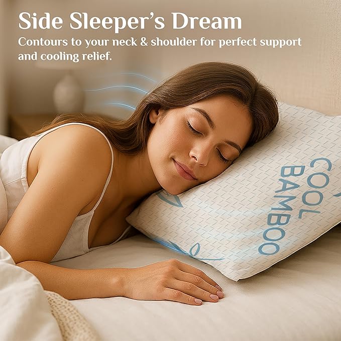 OMEO 2 Pack Bamboo Pillow Standard Size for Sleeping, Hypoallergenic Cooling Shredded Memory Foam Bed Pillows for Side, Back and Stomach Sleepers, Adjustable Loft and Washable Cover 20" x 26"