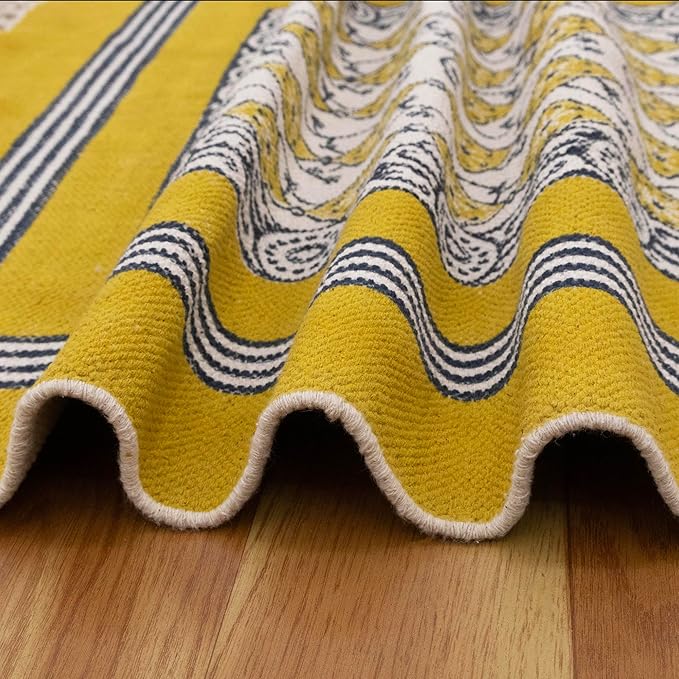 Flatweave Kilim Runner 2.6x4 Cotton Runner Floral Design Yellow Beige Hand Block Printed Cotton Rug Thick 0.19" Handmade Boho Indoor Outdoor Rugs for Kitchen Bedside Enterway Idea