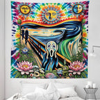 Ambesonne Trippy Tapestry Queen Size, Tie Dye Effect Esoteric Sun Moon Psychedelic the Scream Interpretation with Flowers, Wall Hanging Bedspread Bed Cover Wall Decor, 88" X 88", Multicolor