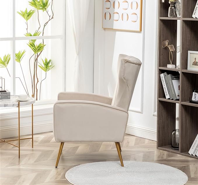 Modern Velvet Accent Chair, Channel Tufted Bedroom, Office or Living Room Furniture with Elegant Metal Legs, 26" Wide Armchair, Beige