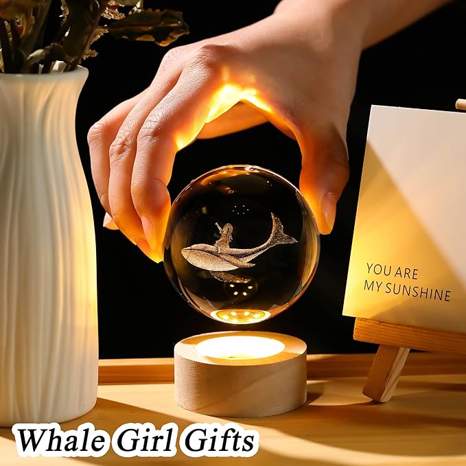 3D Whale Girl Crystal Ball with Wooden Light Base Glass Whales Girls Figurine Night Light Decor for Whale Lovers Women Daughter on Christmas Valentine's Day Birthday (Diameter 2.36 inches)