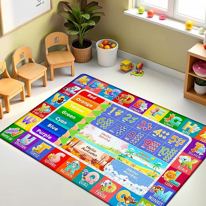 3x5 Small Kids Classroom & Playroom Rug - ABC Alphabet Educational Area Rug with Animals Colors & Numbers - Washable Non-Slip Carpet Playmat for Nursery Preschool & Reading Area