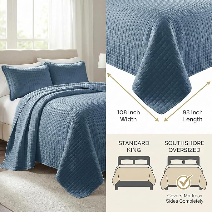 Southshore Fine Living, Inc. Quilt King Size Set with 2 Pillow Shams, Lightweight Bedspread King Size, Stain & Pet Hair Resistant for Standard or California Kings, Coronet Blue Quilt