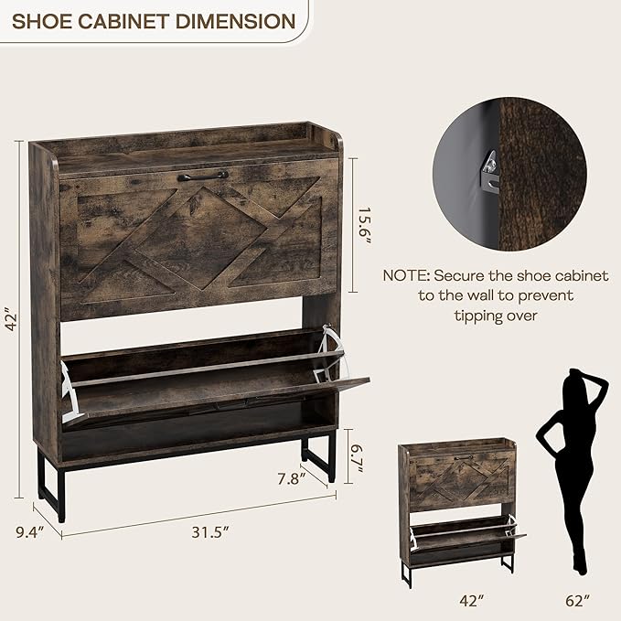 Nicetree Shoe Cabinet with 2 Flip Drawers, Freestanding Shoe Storage Cabinet with Metal Legs, Farmhouse Shoe Organizer for Entryway, Foyer, Hallway, Rustic Brown