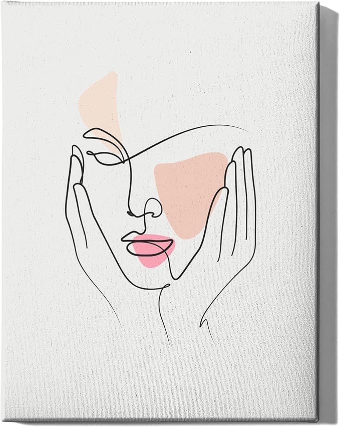 Aesthetic Face Wrapped Canvas Wall Art Hands on Cheeks Continuous Line Drawing Abstract Pink 12x16 Inch Gallery Stretched Modern Home Art Decor