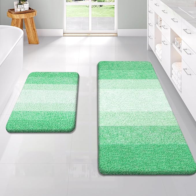 OLANLY Bathroom Rug Set 2 Piece, Soft Absorbent Microfiber Bath Rug Set, Non-Slip, Machine Wash Dry, Plush Shaggy Bath Mats for Bathroom (47"x20"+24"x16", Green)
