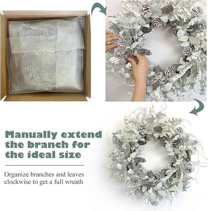 Birch Wreath with White Berries, Iced Pine Cones, Holly Leaf, Branch - 26" Winter Christmas Wreath for Front Door or Indoor Wall Window Thanksgiving Decor