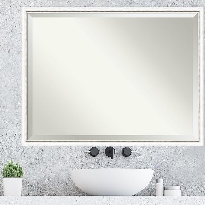 Amanti Art White Wall Mirror 32x42 Morgan White Silver Rectangle Bathroom Mirror for Wall Decor Living Room, X-Large Modern Wood Frame, Hangs Horizonally and Vertically, Bathroom Decor, Beveled Edge