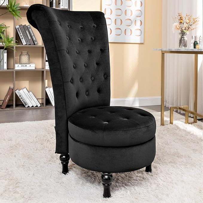 Royal High-Back Velvet Accent Chair for Vanity with Storage and Luxurious Upholstery, Retro Design and Versatile Usage for Living Room, Bedroom, Lounge and Office, Black