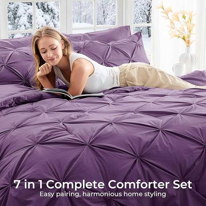 Sasttie Full Size Comforter Set, 7-Piece Bed in a Bag Double, Pintuck Bedding Set for All Season, Includes Comforter, Flat Sheet, Fitted Sheet, Pillowcases and Pillowshams, Grape Purple