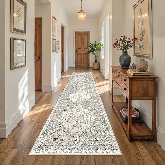 Hallway Runner Rug 2x12, Extra Long Washable Runner Rugs with Rubber Backing, Non Slip Runner, Vintage Rug Runners for Kitchen Laundry Room Entryway (Beige,2'x12')