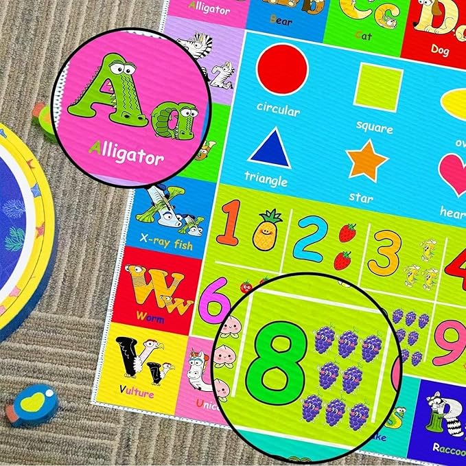Kids Alphabet Play Game Rug - 10'x14' ABC Numbers and Shapes Educational Learning Toddler Carpet - Kids Room Playroom Classroom Kindergarten Activity Fun Soft Non-Slip Mat