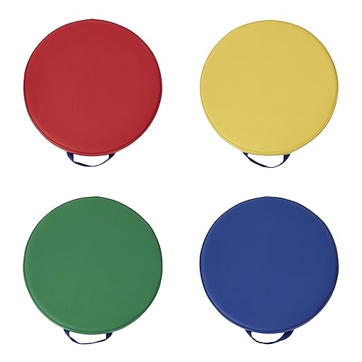 Factory Direct Partners SoftScape 15 inch Round Classroom Floor Cushions with Handles; Flexible Seating for Daycare, Preschool, Playroom; 2 inch Thick Deluxe Foam (4-Piece) - Assorted, 12223-AS