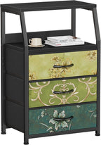 Furnulem Retro Night Stand with 3 Drawers and 2-Tier Shelf, Small Nightstand Side Table, Vintage Storage Dresser for Bedroom, Fabric Drawer Organizer for Closet, Beside Furniture