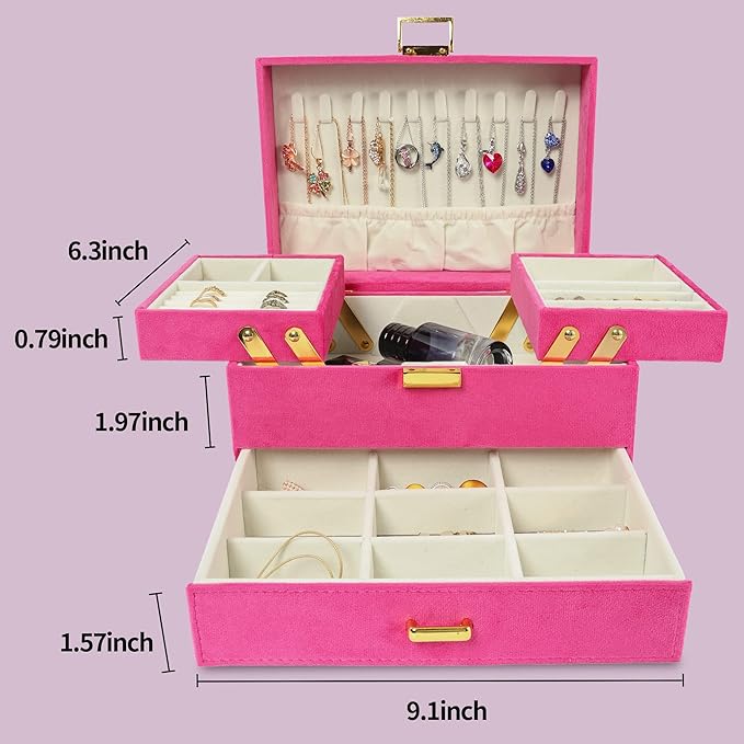 Dajasan Jewelry Organizer Box, Large Jewelry Boxes for Women Girls, Compact 3 Layers Jewelry Storage Case with Drawer, Gift Idea for Christmas, Valentine's Day, Birthday, Mother's Day (Red)