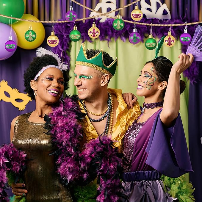 JULMELON 24Pcs Mardi Gras Hanging Ball Ornaments Mardi Gras Glitter Hanging Ball Decorations Sequin Purple Green Gold Tree Ornament for Mardi Gras Home New Orleans Masquerade Party Decor