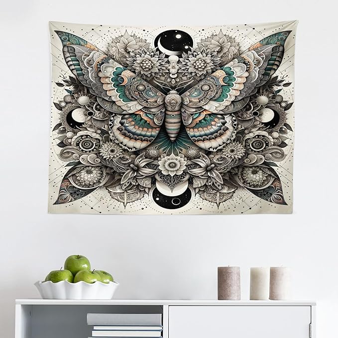Ambesonne Mandala Tapestry, Medieval Esotery Inspired Oriental Moth with Floral Details Witchcore, Fabric Wall Hanging Decor for Bedroom Living Room Dorm, 28" X 23", Grey Yellow Green Sepia