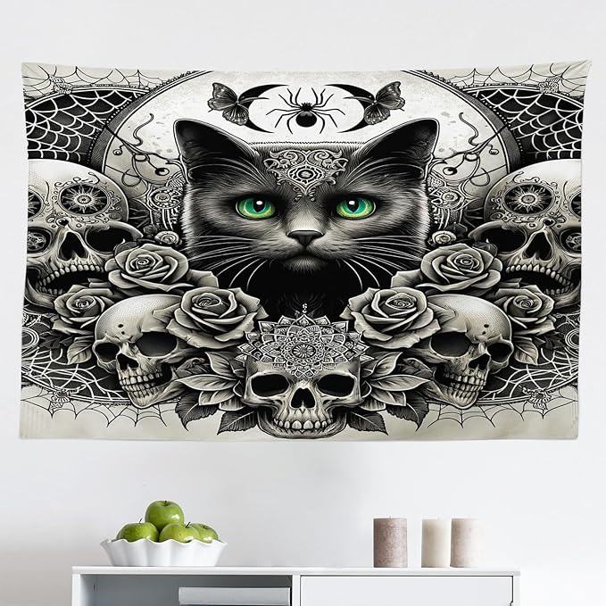 Ambesonne Gothic Tapestry, Classic Spooky Rose Ornated Skulls and Black Cat with Spider Print, Fabric Wall Hanging Decor for Bedroom Living Room Dorm, 45" X 30", Dark Grey Green and Eggshell