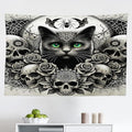 Ambesonne Gothic Tapestry, Classic Spooky Rose Ornated Skulls and Black Cat with Spider Print, Fabric Wall Hanging Decor for Bedroom Living Room Dorm, 45" X 30", Dark Grey Green and Eggshell