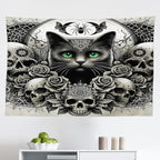 Ambesonne Gothic Tapestry, Classic Spooky Rose Ornated Skulls and Black Cat with Spider Print, Fabric Wall Hanging Decor for Bedroom Living Room Dorm, 45" X 30", Dark Grey Green and Eggshell