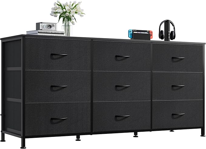 WLIVE 47''W Dresser for Bedroom, Black Dresser TV Stand for 45, 50, 55 inch TV, Wide Chest of Drawers with 9 Drawer, Large Entertainment Center, Fabric Dressers with Wood Top for Closet, Living Room
