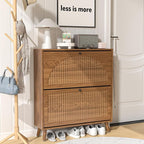 Shoe Storage Cabinet for Entryway with 2 Flip Drawers, Narrow Wood Shoe Cabinet with Fluted Panel, Freestanding Hidden Shoe Organizer for Foyer, Hallway (Walnut)