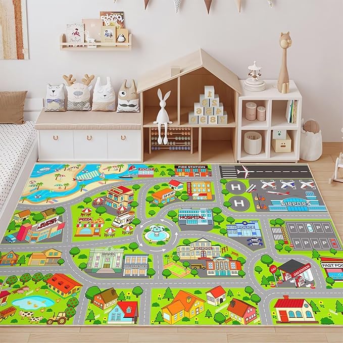 Boys Car Rugs for Kids Toy Cars,Large City Road Rug for Playroom Airport Track Play Mat Carpet 4' x 6' Educational Fun Play Mats for Floor Boys Playmat for Kids Room,Classroom, Bedroom