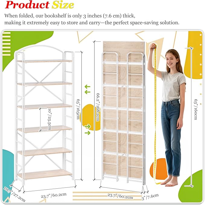 UDD Folding Bookshelf No Assembly, 65" H x 23.7" W, 6 Shelf Foldable Bookcase Industrial Collapsible Bookshelves, Open Storage Book Shelves for Small Spaces Home Office Living Room, Light Oak White