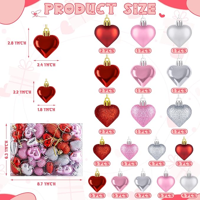 54pcs Valentines Day Heart Shaped Ornaments, Classic Red Pink Silver Hanging Baubles with 2 Sizes, Valentine's Day Decorations for Tree, Love Hanging Decor for Wedding Party