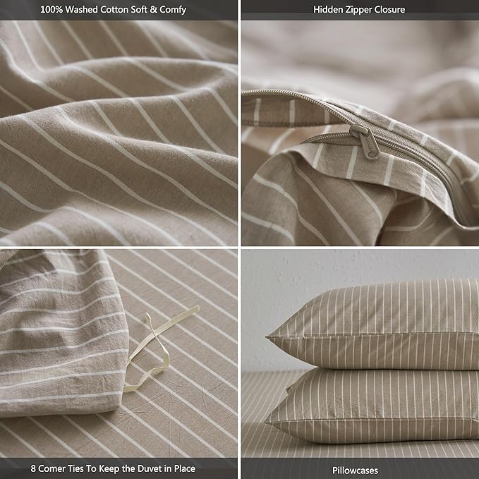 MooMee Striped Duvet Cover Set 100% Washed Cotton Linen Like Textured Breathable Durable Soft Comfy (Tannish Linen Grey White Wide Stripes, Queen 90"x90")