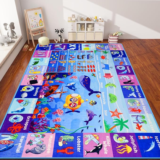 ABC Kids Rug for Playroom 59"×39.4" Ocean Rug Baby Play Mat Alphabet Carpet Sea Animal Number Shape Classroom Kids Playroom Mat Early Learning Carpet for Preschool Toddlers