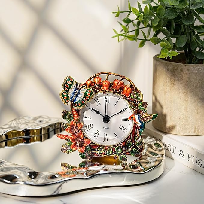 Mini Tabletop Clock, Decorative Vintage Floral Metal Table Clock with Battery Operated for Bedside, Table, Living Room, Home and Office