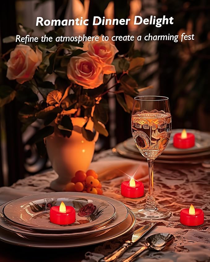Flameless Candles, 12 Pack Tea Lights Candle Battery Operated, Flameless Tealight Votives, Realistic Tea Lights for Halloween Christmas Party Decor -D 1.5” x H 1.25”-Red Light