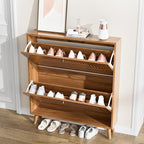 Shoe Storage Cabinet for Entryway with 2 Flip Drawers, Narrow Wood Shoe Cabinet with Fluted Panel, Freestanding Hidden Shoe Organizer for Foyer, Hallway (Walnut - No Shelf)
