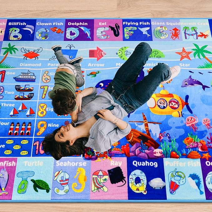 ABC Kids Rug for Playroom 59"×78.7" Ocean Mat Baby Play Mat Alphabet Sea Animal Number Shape Classroom Carpet Kids Playroom Rug Early Learning Carpet for Preschool Toddlers