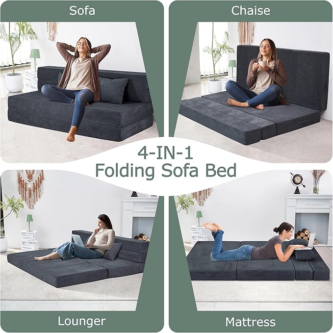 Folding Sofa Bed, 4 in 1 Convertible Sleeper Chair with Pillow, Queen Memory Foam Fold Out Chair Bed, Modern Floor Futon Sofa Couch Mattress for Living Room/Guest/Apartment, Dark Grey