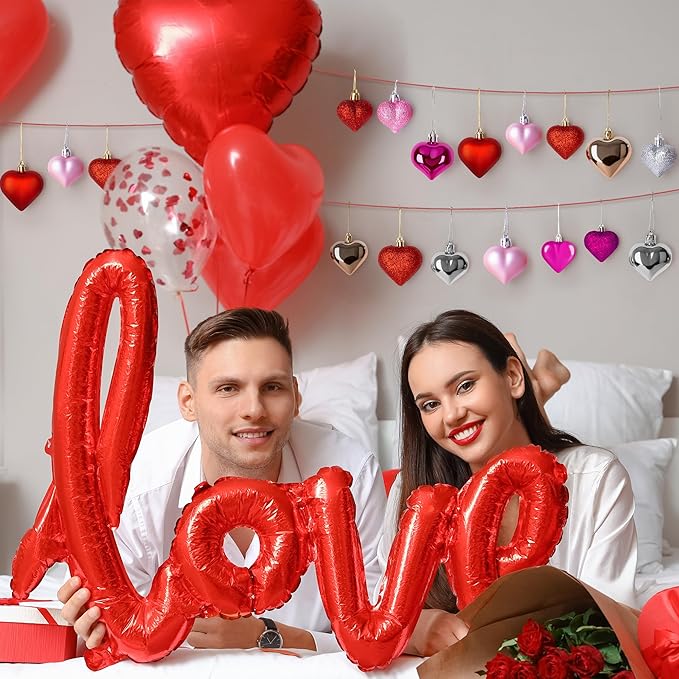 48PCS Valentine's Day Heart Shaped Ornaments - Classic Red Pink Silver Rose Rosegold Colors, Hanging Hearts for Tree Decorations
