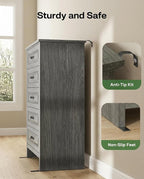 Marsail Farmhouse 5 Drawer Dresser, Wood Chest of Drawers with Natural Texture, Smooth Gliding Drawers, Versatile Storage Organizer Cabinet for Bedroom & Living Room, Grey