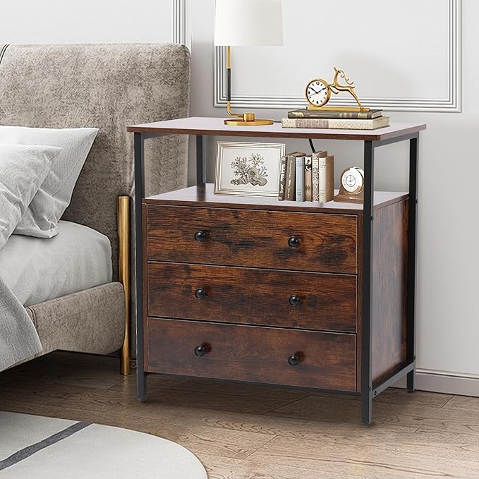 3 Wooden Drawers Nightstand, 27 Inch Wide Night Stand Set 2 with Charging Station and Adjustable Drawers, Small Dresser for Closet, Bedside Table for Living Room/Bedroom/Office, Retro Brown.