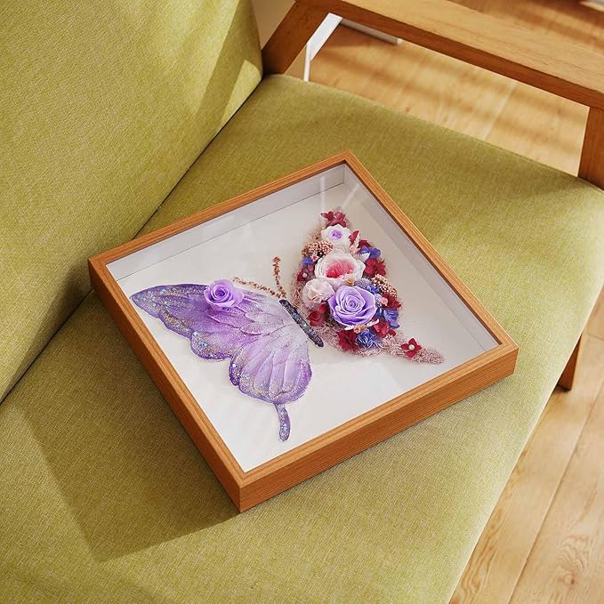 ADDWel Preserved Rose Butterfly Shadow Box - Romantic Valentine's Day Gifts for Mom Wife Girlfriend, 12x12 Handmade Forever Flower Wall Art, Unique Anniversary Birthday Purple Gifts