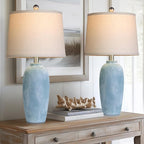 25“ Jar Table Lamps Set of 2, Ceramic Bedside Lamps for Bedroom, Blue Coastal Nightstand Lamps for Living Room