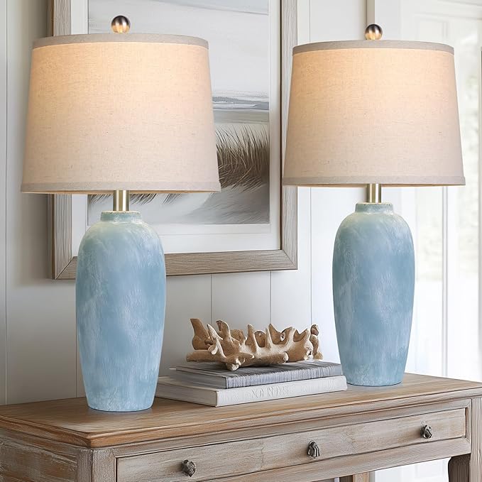 25“ Jar Table Lamps Set of 2, Ceramic Bedside Lamps for Bedroom, Blue Coastal Nightstand Lamps for Living Room