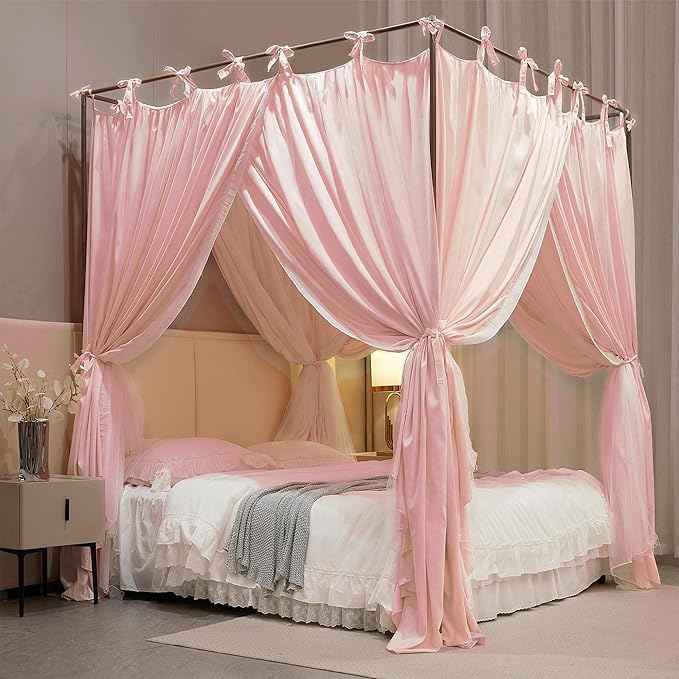 4 Corners Post Princess Curtain Bed Canopy Double Layer Cozy Mosquito Net Mesh and Cloth for Girls Adults Bedroom Decoration (Double-Beigepink/White, 78" W*86" L*82"*H/(King))