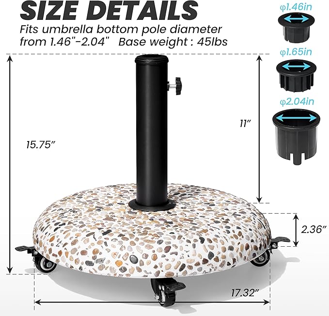 Crestlive Products 45lbs Umbrella Base with Wheels, Patio Umbrella Stand Heavy Duty, Round Cobble Cement Market Umbrella Base for Outdoor, Deck, Lawn, Garden(Cobblestone)