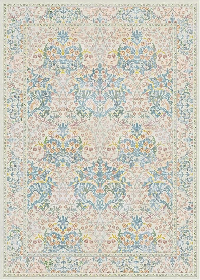 Lessymo 6x9 Area Rugs for Living Room, Washable Non Slip Rug for Kids Room, Bedroom, Nursery Room, Dining Room, Neutral Vintage Flower Decor & Stain Resistance, Beige Brown