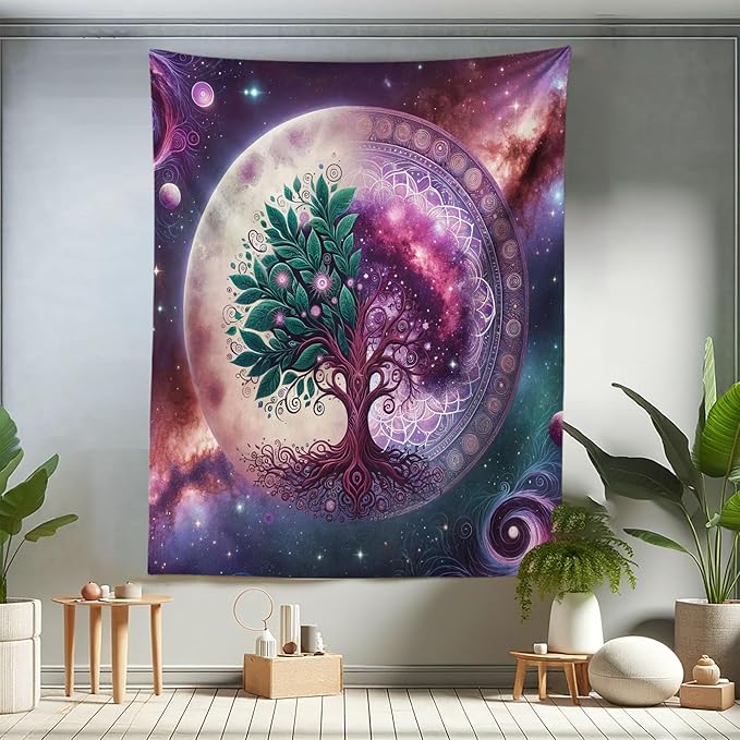 Ambesonne Purple Tapestry Twin Size, Galaxy Tree of Life Design Space and Earthy Side Branches Universe Art, Wall Hanging Bedspread Bed Cover Wall Decor, 68" X 88", Teal Plum and Lavender